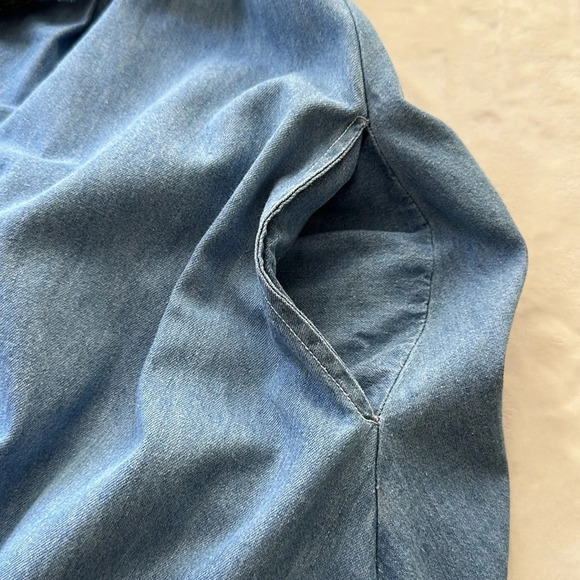 Vintage 90s Embroidered Denim MIDI Dress Blue Belted Pockets Casual Size 24 - Picture 15 of 16